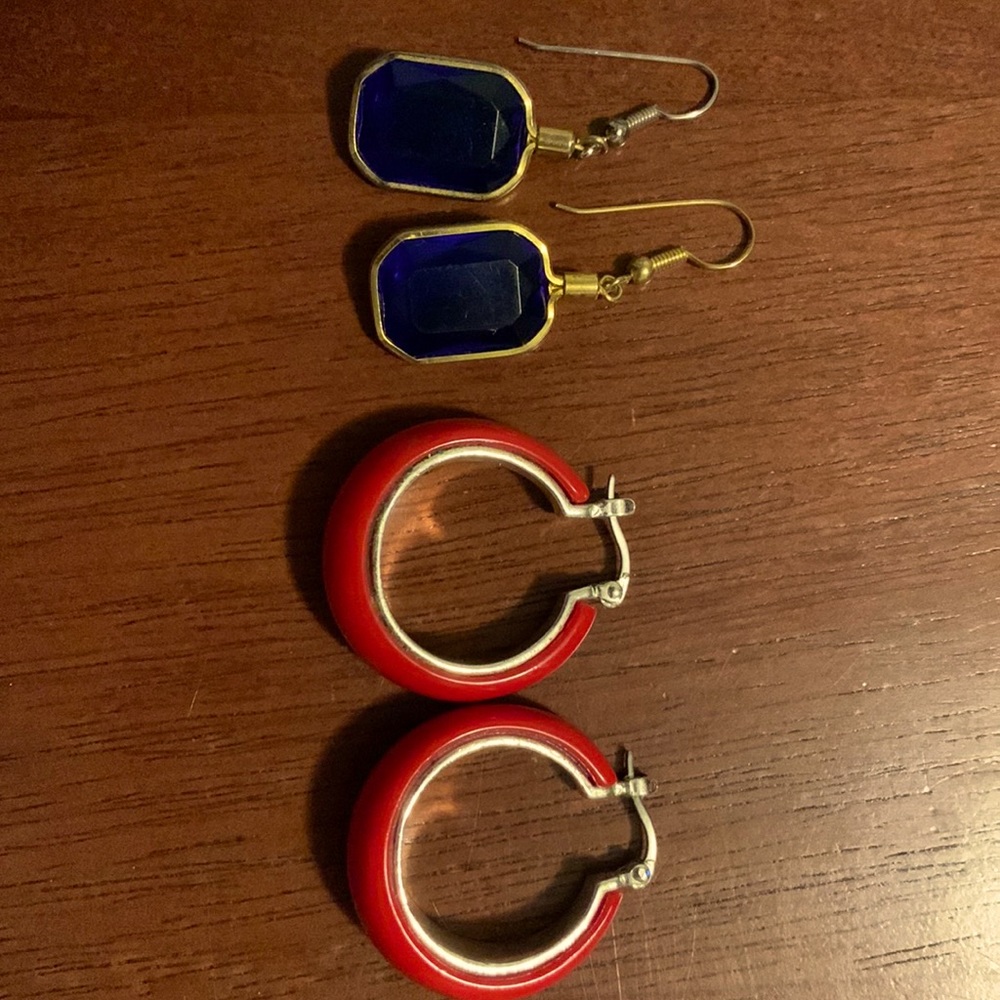 Earrings 1 pr red enamel w/silver tone and 1 pr Blue plastic gem stone gold tone